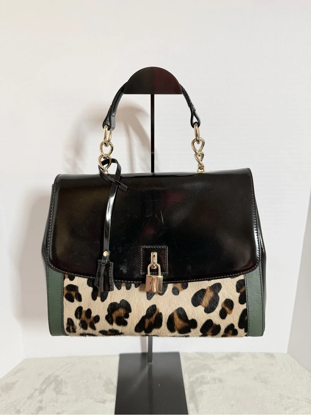 Black Leather and Leopard Accent Top-Handle Satchel